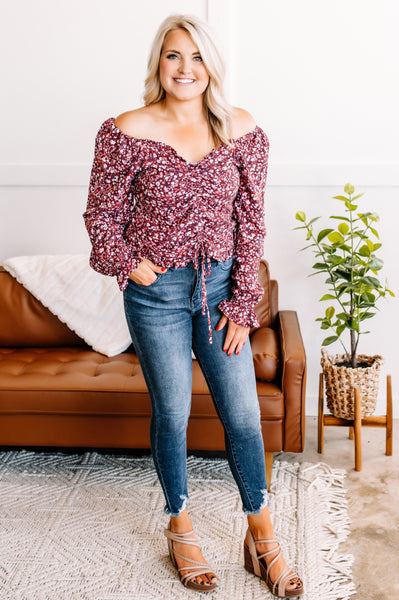 Fit To Frill Floral Ruched Blouse In Burgundy
