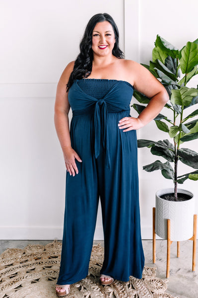 Smocked Jumpsuit With Tie Detail In Rich Teal