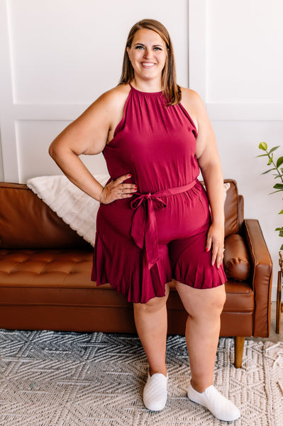 The Short Of It Pleated Romper In Wine