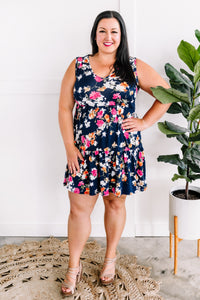 V Neck Tiered Sleeveless Dress In Navy Florals