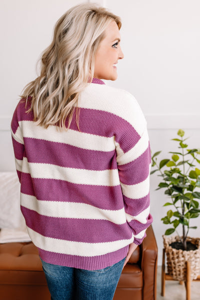 Striped Crewneck Sweater In Ivory & Radiant Lilac