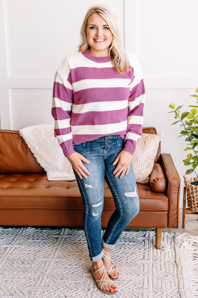 Striped Crewneck Sweater In Ivory & Radiant Lilac