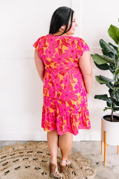 Square Neck Tiered Dress With Pockets In Tropical Sunset