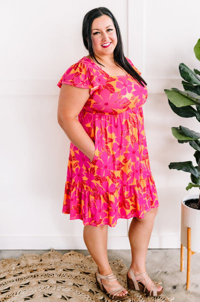Square Neck Tiered Dress With Pockets In Tropical Sunset