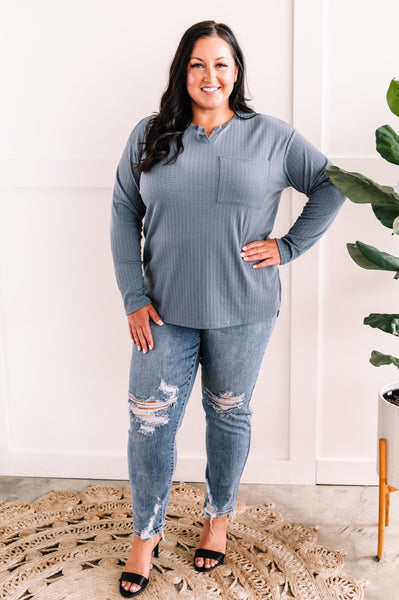 Long Sleeve Pointelle Henley Top In Blue Haze