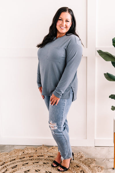 Long Sleeve Pointelle Henley Top In Blue Haze