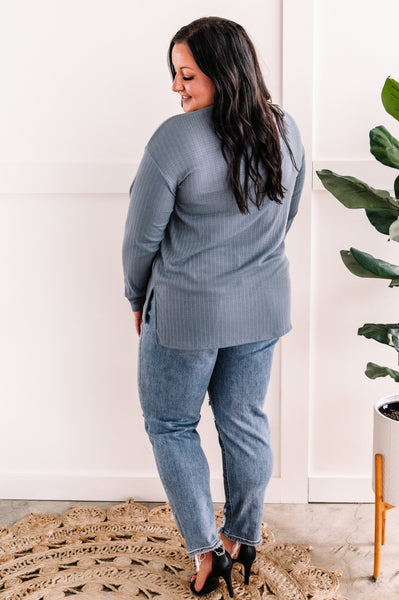 Long Sleeve Pointelle Henley Top In Blue Haze