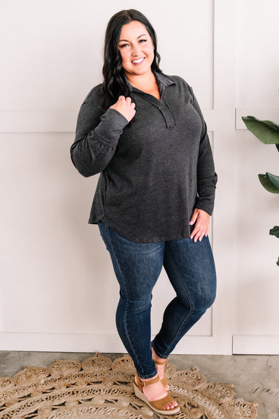Collared Long Sleeve Top With Thumb Holes In Charcoal