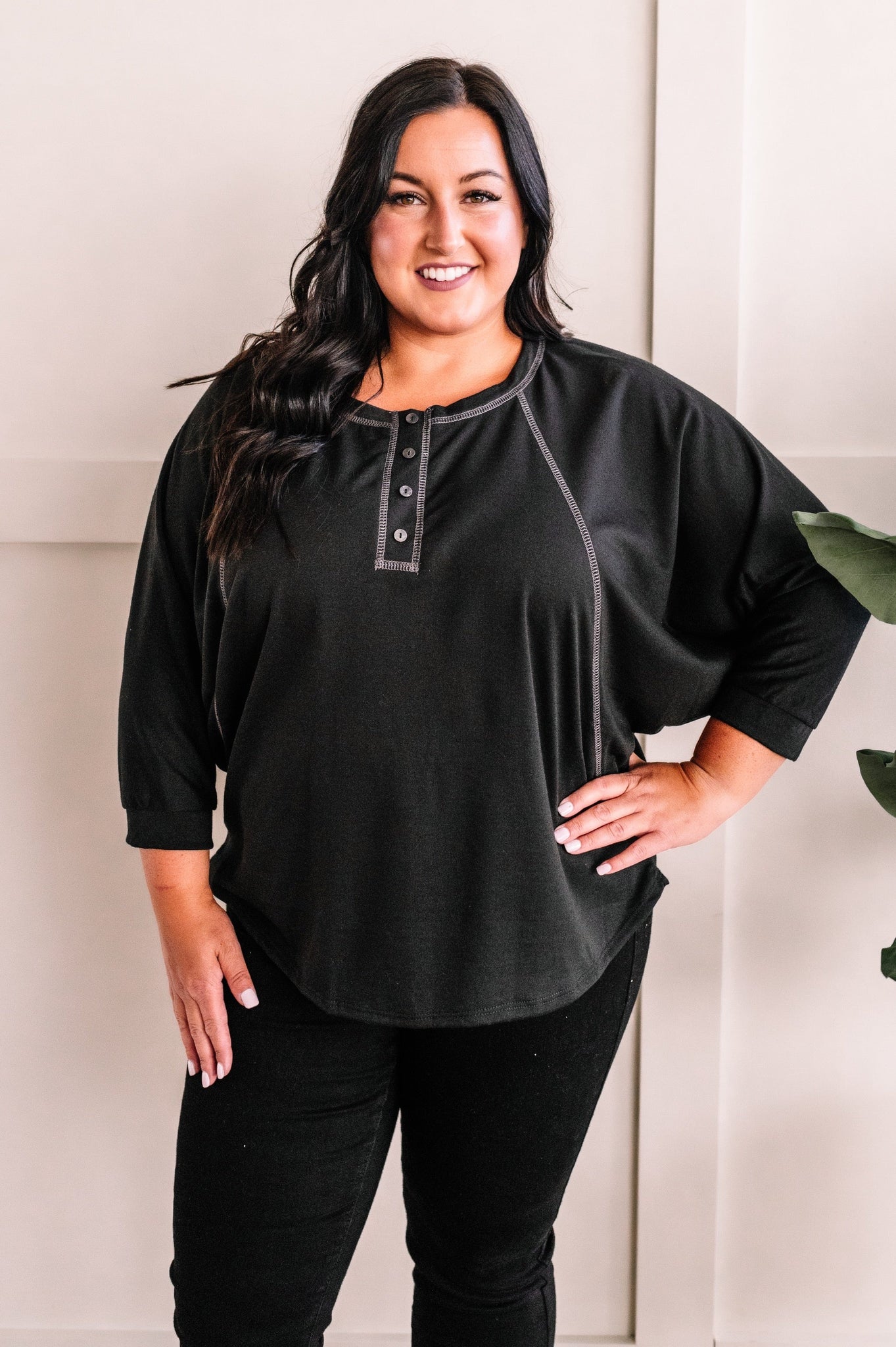 8.21 Dolman Sleeve Button Henley Top in Deep Montana Midnight 11.20