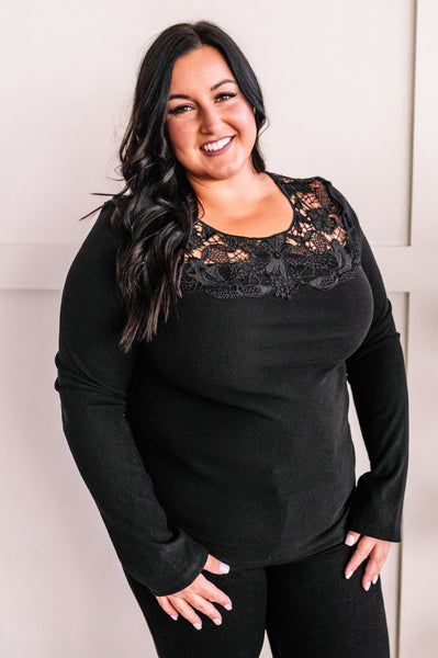 Micro Ribbed Lace Detailed Top In Rich Black Beauty