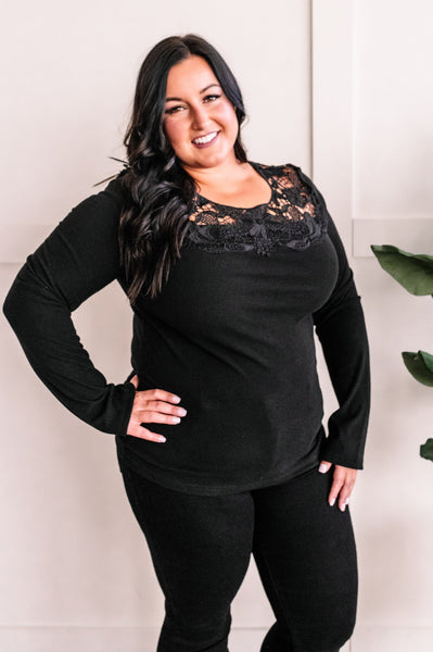 Micro Ribbed Lace Detailed Top In Rich Black Beauty