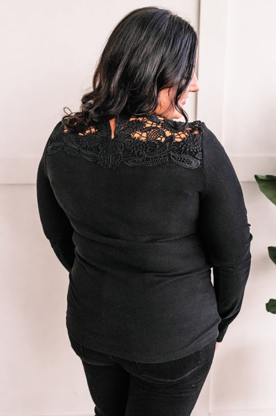Micro Ribbed Lace Detailed Top In Rich Black Beauty