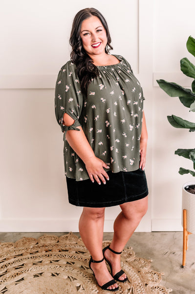Olive Floral Tie Sleeve Top