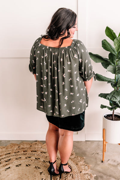 Olive Floral Tie Sleeve Top