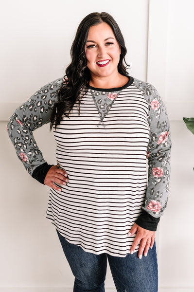 Raglan Sleeve Rose and Leopard Contrast Top In Black & White Stripes