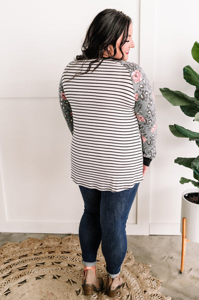 Raglan Sleeve Rose and Leopard Contrast Top In Black & White Stripes