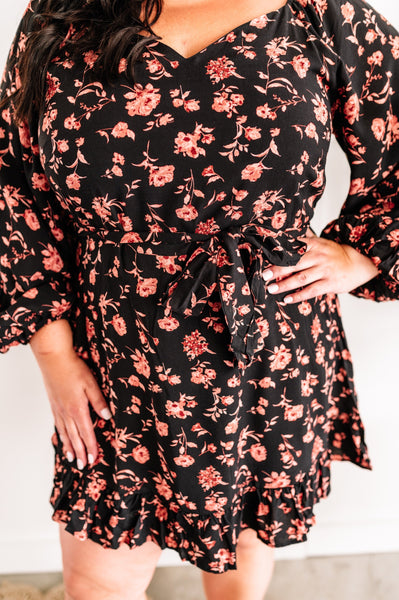 Long Sleeve Black Floral Dress With Tie Belt In Midnight Rose