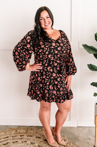 Long Sleeve Black Floral Dress With Tie Belt In Midnight Rose
