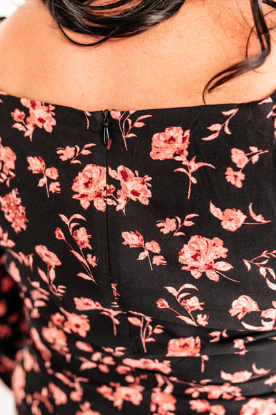 Long Sleeve Black Floral Dress With Tie Belt In Midnight Rose