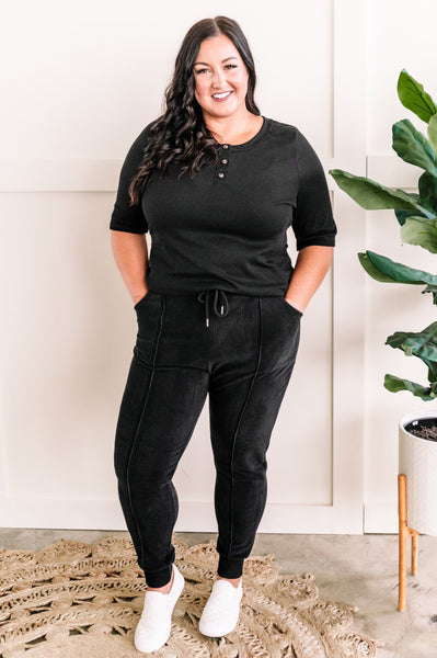 Decorative Button Front Henley Top In Black