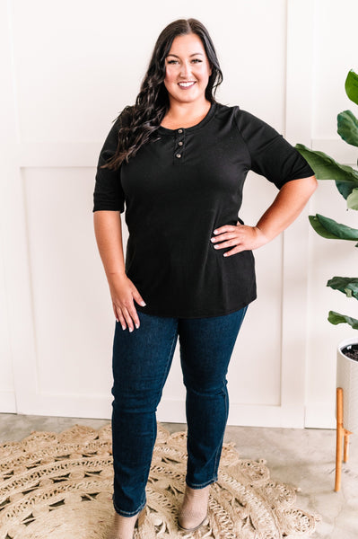 Decorative Button Front Henley Top In Black
