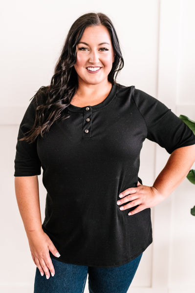 Decorative Button Front Henley Top In Black