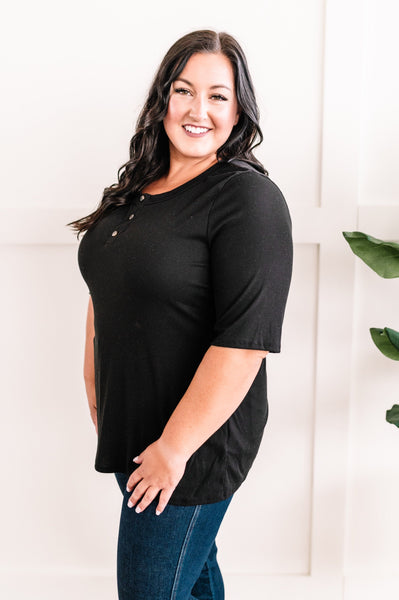 Decorative Button Front Henley Top In Black