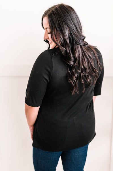 Decorative Button Front Henley Top In Black