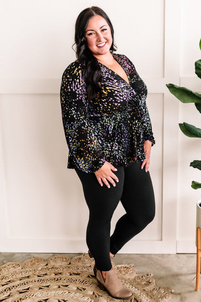 Black Surplice Top With Belt In Colorful Classical Dots