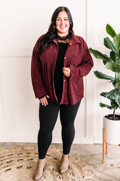 Long Sleeve Button Front Corduroy Top In Wine