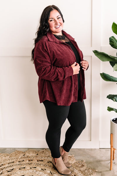 Long Sleeve Button Front Corduroy Top In Wine