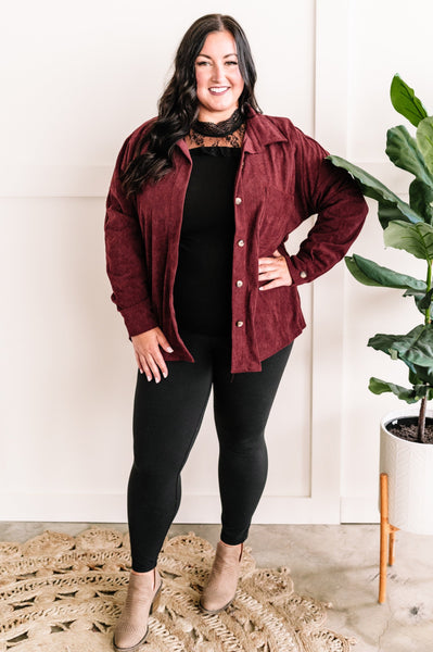 Long Sleeve Button Front Corduroy Top In Wine