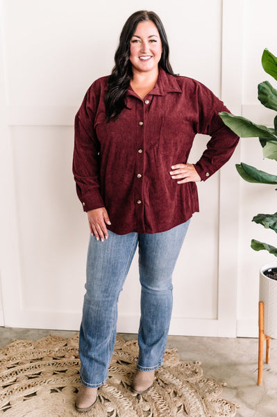 Long Sleeve Button Front Corduroy Top In Wine