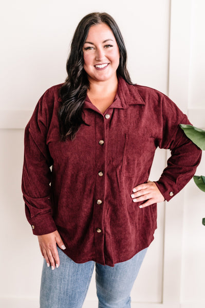 Long Sleeve Button Front Corduroy Top In Wine