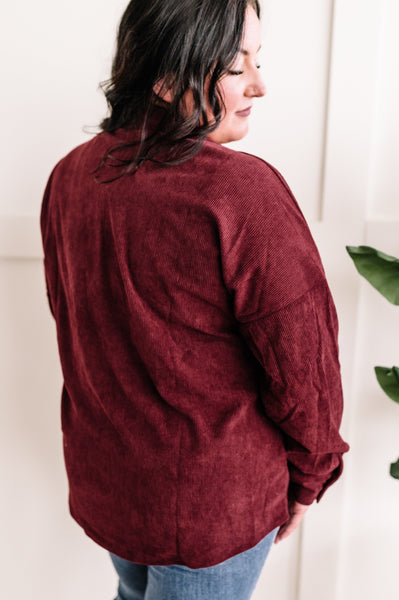 Long Sleeve Button Front Corduroy Top In Wine