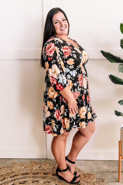Empire Waist Dress With Tie Back Detail In Black & Warm Florals