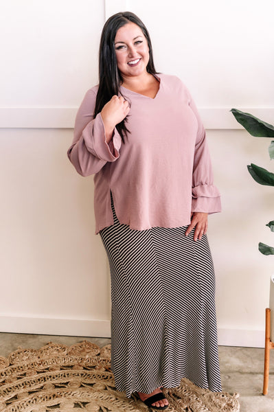 V Neck Blouse With Double Ruffle Sleeve Detail In Mauve
