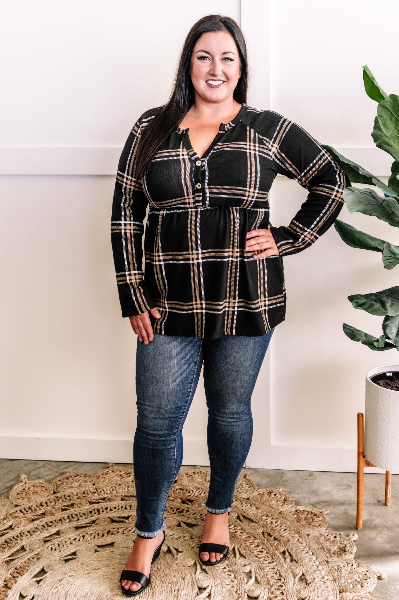 Ultra Soft Button Front Babydoll Top In Black Plaid