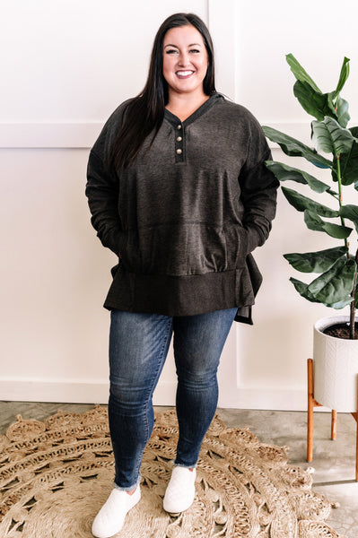 Cozy Oversized Button Front Hooded Pullover In Deep Grey