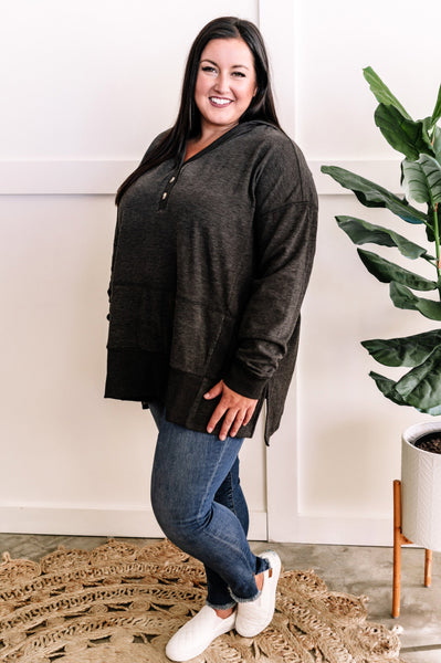 Cozy Oversized Button Front Hooded Pullover In Deep Grey