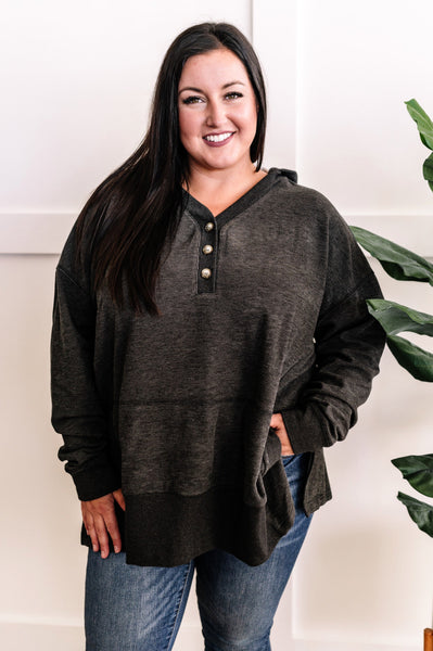 Cozy Oversized Button Front Hooded Pullover In Deep Grey