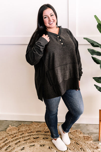 Cozy Oversized Button Front Hooded Pullover In Deep Grey