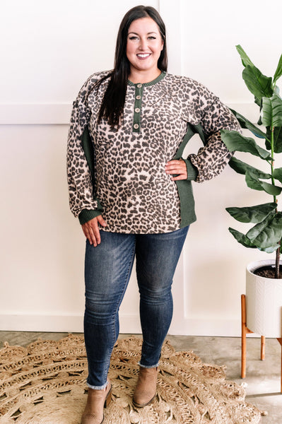 Waffle Knit Top With Button Front Detail In Olive Animal Print