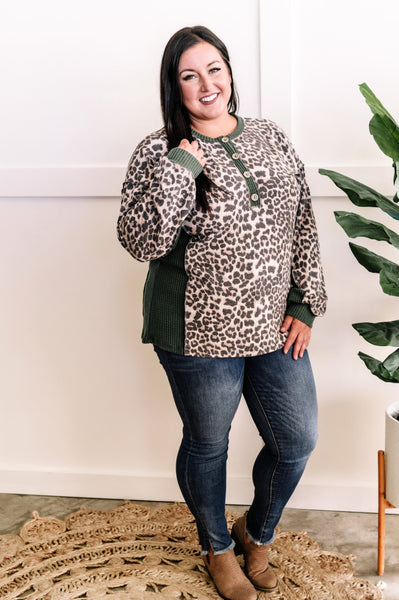 Waffle Knit Top With Button Front Detail In Olive Animal Print
