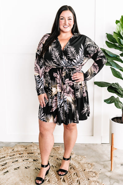 Black Surplice Dress With Tie Belt Detail In Palm Fans