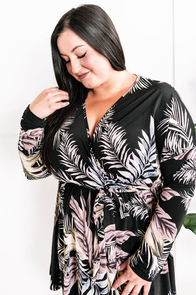 Black Surplice Dress With Tie Belt Detail In Palm Fans