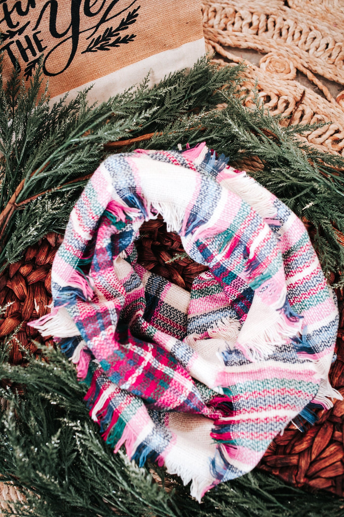 11.24 Infinity Scarf With Fringe Detail In Plaid Multicolor 11.24