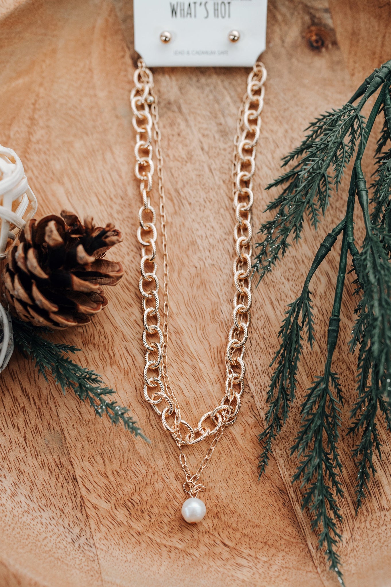 12.20 Gold Layered Necklace & Earring Set With Pearl Charm Detail