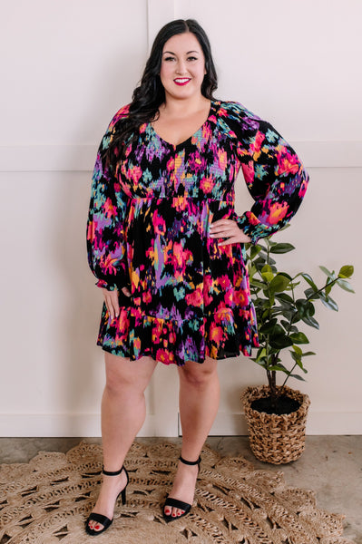 Smocked Long Sleeve Dress In Abstract Colors