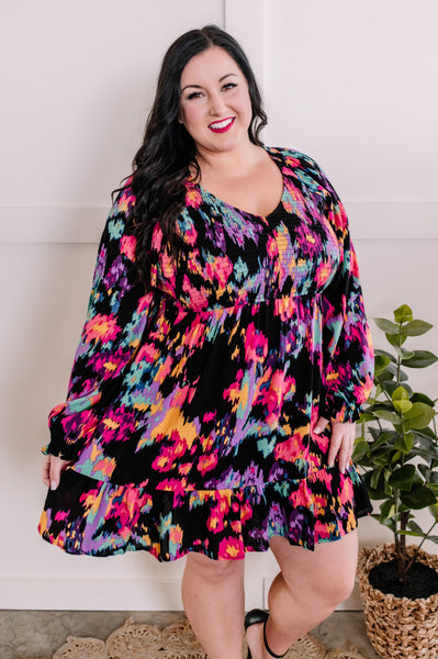 Smocked Long Sleeve Dress In Abstract Colors